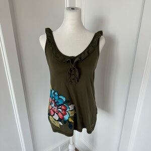 Hollister Womens Army Green Hand Painted Flower Ruffle Tank Top Size Medium